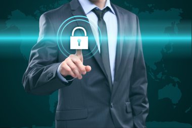 iş, teknoloji ve internet kavramı - işadamı acil düğmesi sanal ekranlarda. Dünya Haritası