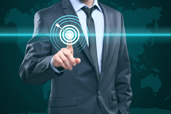 Business, technology, internet and networking concept - business man presione el botón con contacto en las pantallas virtuales. Mapa mundial — Foto de Stock