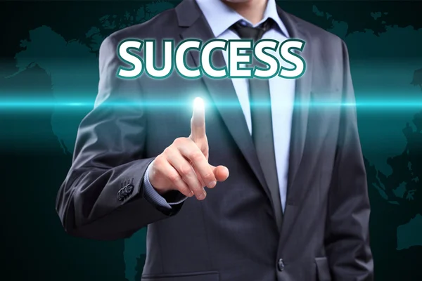 Businessman hand pushing success button on a touch screen interface. Business,  technology concept. — Stock Photo, Image