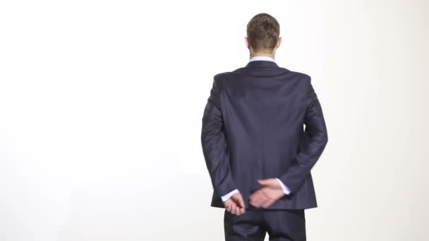 Body language. man in business suit isolated white background. Training managers. sales agents. hands behind his back. grasping the wrist. gesture of self-control and anger — Stock Video