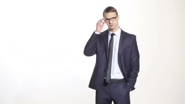 Body language. man in business suit isolated white background. Training managers. sales agents. manipulation of glasses. Sucking bow. comforting, — Stock Video