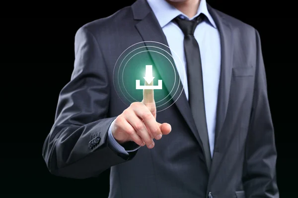 Businessman pushing download icon with virtual screen. — Stock Photo, Image