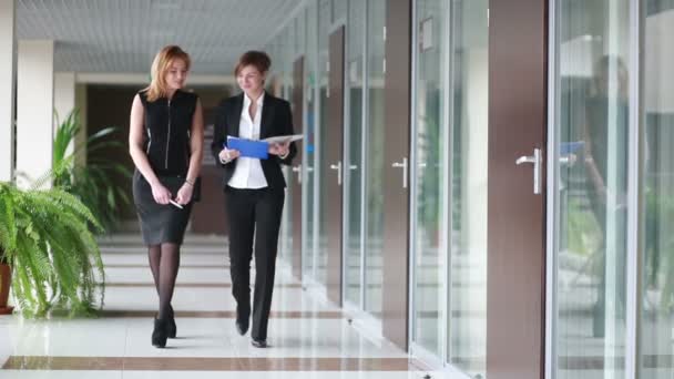 Две деловые женщины обсуждают контракт. ходить по офису — стоковое видео