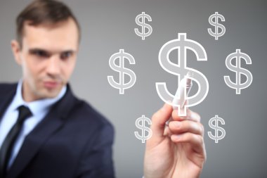 Sanal arka plan ile ekranda yazma iş adamı. dolar simgesi