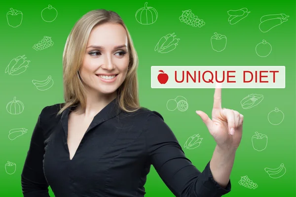 Woman presses the button on virtual keyboard. touch screen. unique diet — Stock fotografie