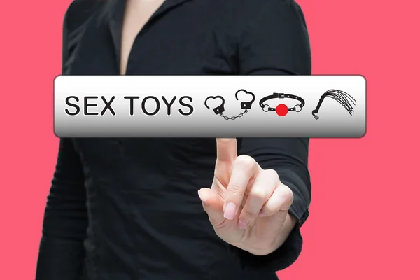 Λέξη παιχνίδια σεξ σε εικονική οθόνη ώθησης από γυναίκα σε εργασία. — Φωτογραφία Αρχείου