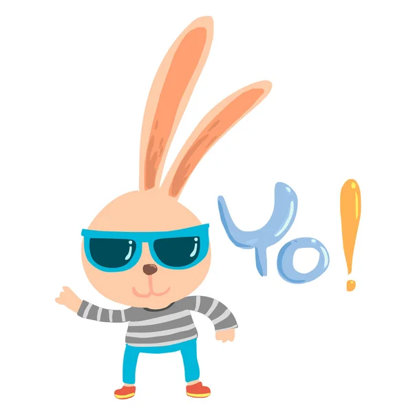 Lindo conejito travieso bailando personaje de dibujos animados — Vector de stock