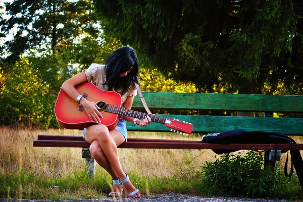 Young Girl Playing Guitar Bench — Stock Photo, Image