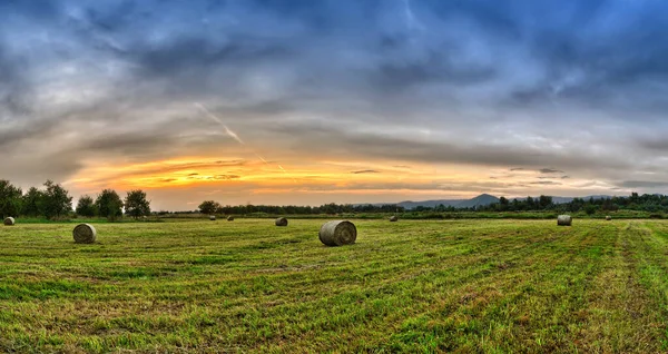 Atardecer Dorado Sobre Campo Granja Con Fardos Heno — Foto de Stock