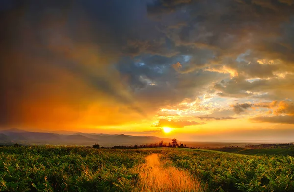 Kleurrijke Zomer Zonsondergang Met Zonnestralen Kleuren Van Wolken — Stockfoto