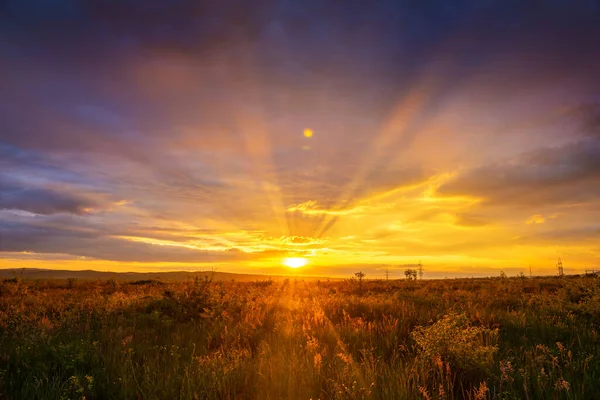 Majestoso Pôr Sol Verão Com Nuvens Coloridas Raios Solares — Fotografia de Stock