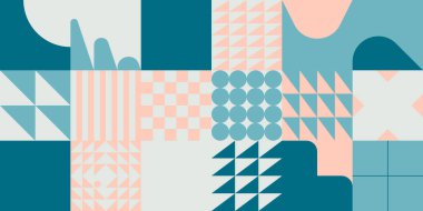 Basit geometrik şekil ve formlarla yatay soyut vektör deseni. Grafik ögelerinin uzun kompozisyonu, web tasarımı, iş sunumu, web sitesi başlığı, davet arkaplanı için kullanışlı.