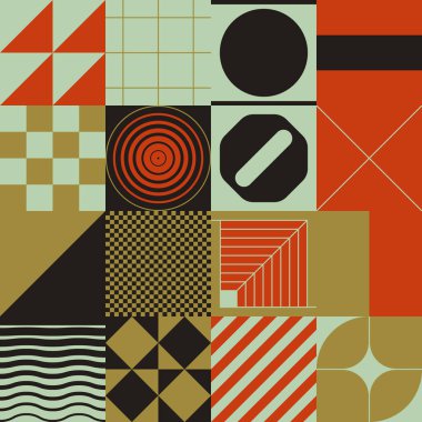 İsviçre tasarım tarzı soyut poster düzeni geometrik grafikler ve kalın elementlerle. Basit vektör şekilli modern geometri kompozisyonu çizimleri. Poster tasarımı, web sunumu vs. için kullanışlı.