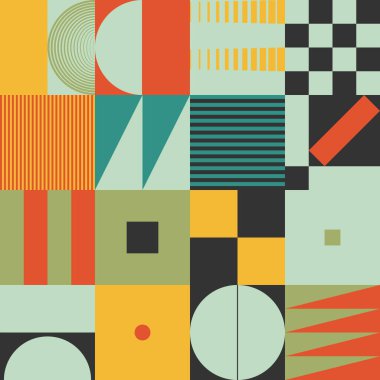 Basit geometrik şekilleri ve temel renkli formları olan modern geometrik soyut desen tasarımı. Poster sanatları, web tasarımı, markalaşma sunumu, albüm baskısı, moda dokusu vs. için harika.