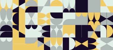 Basit şekiller ve parlak ve canlı renklerden oluşan soyut geometrik vektör deseni. Geometrik bileşik, web tasarımı için kullanışlı, kartvizit, davet, poster, tekstil baskısı, arkaplan.