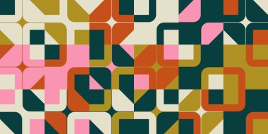 Basit şekilleri ve güzel renk paleti olan yüzyılın ortası geometrik soyut deseni. Basit geometrik desen kompozisyonu, web tasarımında en iyi kullanım alanı, kartvizit, davetiye, poster, tekstil baskısı.