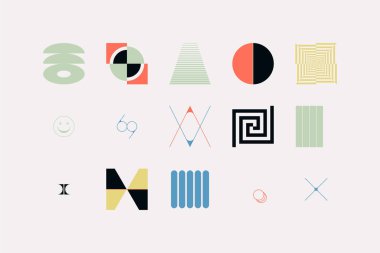 Naif el çizimi elementlerin ve basit geometrik formların toplanması, web tasarımı, poster sanatı, tekstil tasarımı, dekoratif baskı, davetiye mektubu, arkaplan.