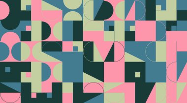 Basit şekiller ve parlak ve canlı renklerden oluşan soyut geometrik vektör deseni. Geometrik bileşik, web tasarımı için kullanışlı, kartvizit, davet, poster, tekstil baskısı, arkaplan.