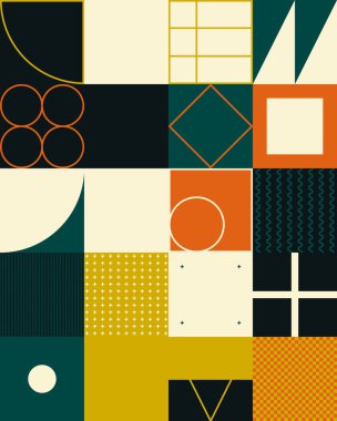 Basit şekiller ve parlak ve canlı renklerden oluşan soyut geometrik vektör deseni. Geometrik kompozisyon, web tasarımı için kullanışlı, kartvizit, davet, poster, tekstil baskısı, arkaplan.