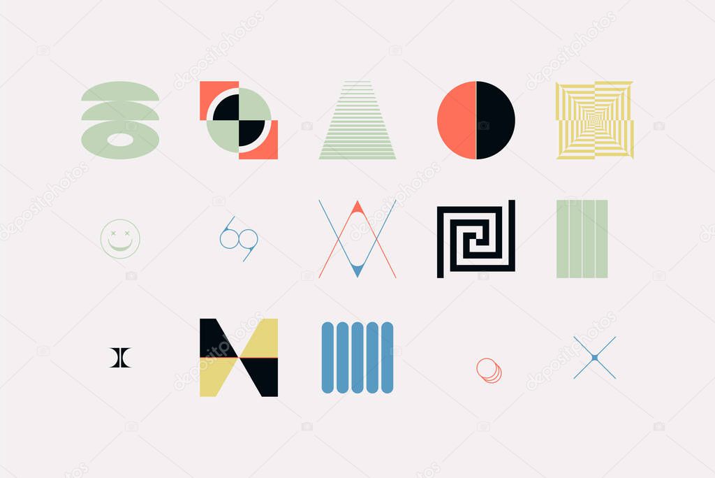 Abstract vector shapes collection of naive hand-drawn elements and simple geometrical forms, useful for web design, poster art, textile design, decorative print, invitation letter, background.