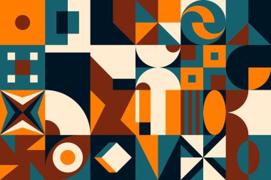 Basit şekiller ve parlak ve canlı renklerden oluşan soyut geometrik vektör deseni. Geometrik kompozisyon, web tasarımı için kullanışlı, kartvizit, davet, poster, tekstil baskısı, arkaplan.