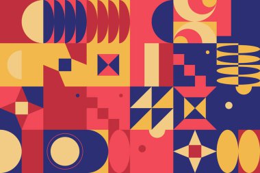 Basit şekiller ve parlak ve canlı renklerden oluşan soyut geometrik vektör deseni. Geometrik kompozisyon, web tasarımı için kullanışlı, kartvizit, davet, poster, tekstil baskısı, arkaplan.
