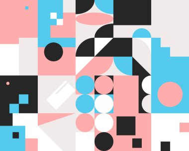 Basit şekiller ve parlak ve canlı renklerden oluşan soyut geometrik vektör deseni. Geometrik kompozisyon, web tasarımı için kullanışlı, kartvizit, davet, poster, tekstil baskısı, arkaplan.