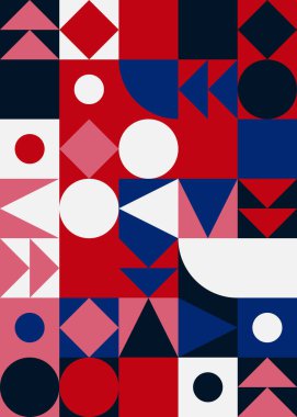 Basit şekiller ve parlak ve canlı renklerden oluşan soyut geometrik vektör deseni. Geometrik kompozisyon, web tasarımı için kullanışlı, kartvizit, davet, poster, tekstil baskısı, arkaplan.