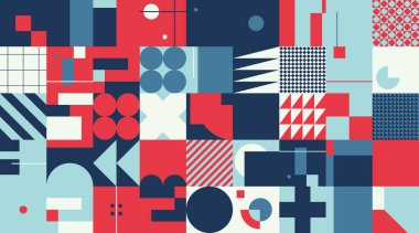 Basit şekiller ve parlak ve canlı renklerden oluşan soyut geometrik vektör deseni. Geometrik kompozisyon, web tasarımı için kullanışlı, kartvizit, davet, poster, tekstil baskısı, arkaplan.