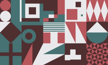 Basit şekiller ve parlak ve canlı renklerden oluşan soyut geometrik vektör deseni. Geometrik kompozisyon, web tasarımı için kullanışlı, kartvizit, davet, poster, tekstil baskısı, arkaplan.