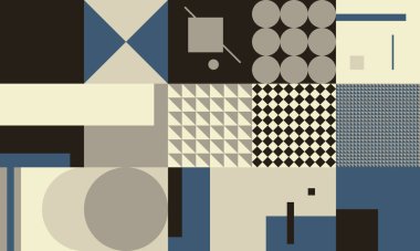 Basit şekiller ve parlak ve canlı renklerden oluşan soyut geometrik vektör deseni. Geometrik kompozisyon, web tasarımı için kullanışlı, kartvizit, davet, poster, tekstil baskısı, arkaplan.