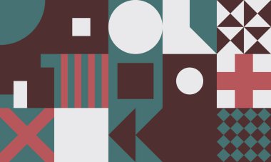 Basit şekiller ve parlak ve canlı renklerden oluşan soyut geometrik vektör deseni. Geometrik kompozisyon, web tasarımı için kullanışlı, kartvizit, davet, poster, tekstil baskısı, arkaplan.