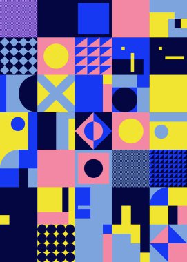 Basit şekiller ve parlak ve canlı renklerden oluşan soyut geometrik vektör deseni. Geometrik kompozisyon, web tasarımı için kullanışlı, kartvizit, davet, poster, tekstil baskısı, arkaplan.