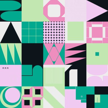 Neo Modernizm, soyut vektör geometrik şekil ve formlarla yapılmış. Basit form cesur grafik tasarımı, web sanatı, davetiye kartları, posterler, baskılar, tekstil, arka plan için kullanışlı.