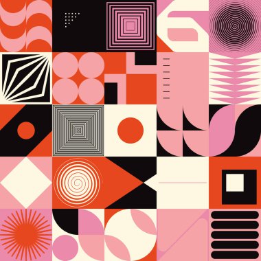 İskandinav esinlenilmiş çizimler basit geometrik şekiller ve renkli şekillerle yapılmış. Soyut vektör bileşimi, arka planlar için kullanışlı, poster tasarımı, kumaş baskıları, davet.