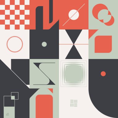 Parlak renkli geometrik şekillerle yapılmış vektör soyut teknolojik elementlerin dijital kolajı, web arkaplanı, poster tasarımı, dergi ön sayfası, yüksek teknoloji baskısı, kapak resmi.