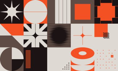 İsviçre tasarım tarzı soyut poster düzeni geometrik grafikler ve kalın elementlerle. Basit vektör şekilli modern geometri kompozisyonu çizimleri. Poster tasarımı, web sunumu vs. için kullanışlı.