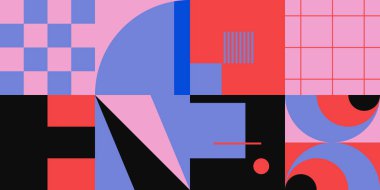 Basit şekilleri ve figürleri olan geometrik çizimler. Geometrik şekilli ve elementli soyut desenler. Web afişi, iş sunumu, marka paketi, kumaş baskısı için mükemmel.