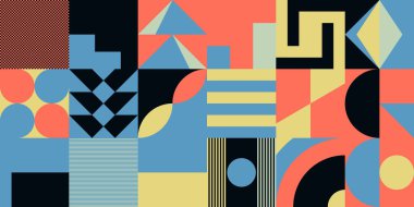 Basit şekiller ve parlak ve canlı renklerden oluşan soyut geometrik vektör deseni. Geometrik kompozisyon, web tasarımı için kullanışlı, kartvizit, davet, poster, tekstil baskısı, arkaplan.