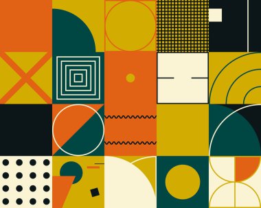 Basit şekilleri ve figürleri olan geometrik çizimler. Geometrik şekilli ve elementli soyut desenler. Web afişi, iş sunumu, marka paketi, kumaş baskısı için mükemmel.