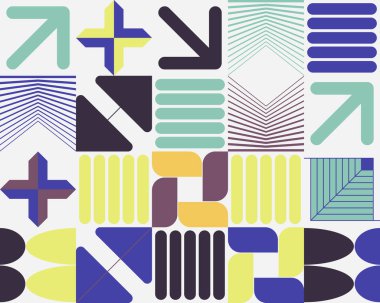 Basit şekiller ve parlak ve canlı renklerden oluşan soyut geometrik vektör deseni. Geometrik kompozisyon, web tasarımı için kullanışlı, kartvizit, davet, poster, tekstil baskısı, arkaplan.