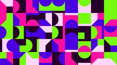 Basit şekilleri ve figürleri olan soyut mozaik sanat tasarımı. Temel form ve elementlerle geometrik desen grafikleri. Web afişi, iş sunumu, marka paketi, kumaş baskısı için mükemmel.