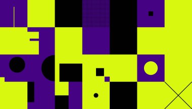 Basit şekiller ve parlak ve canlı renklerden oluşan soyut geometrik vektör deseni. Geometrik kompozisyon, web tasarımı için kullanışlı, kartvizit, davet, poster, tekstil baskısı, arkaplan.