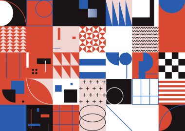 Basit şekiller ve parlak ve canlı renklerden oluşan soyut geometrik vektör deseni. Geometrik kompozisyon, web tasarımı için kullanışlı, kartvizit, davet, poster, tekstil baskısı, arkaplan.