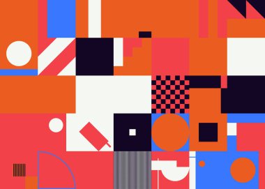 Basit şekiller ve parlak ve canlı renklerden oluşan soyut geometrik vektör deseni. Geometrik kompozisyon, web tasarımı için kullanışlı, kartvizit, davet, poster, tekstil baskısı, arkaplan.