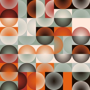 Basit şekilleri ve güzel renk paleti olan yüzyılın ortası geometrik soyut deseni. Basit geometrik desen kompozisyonu, web tasarımında en iyi kullanım alanı, kartvizit, davetiye, poster, tekstil baskısı.