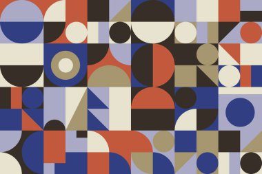 Basit geometrik şekilleri ve temel renkli formları olan modern geometrik soyut desen tasarımı. Poster sanatları, web tasarımı, markalaşma sunumu, albüm baskısı, moda dokusu vs. için harika.