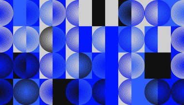 Basit geometrik şekilleri ve temel renkli formları olan modern geometrik soyut desen tasarımı. Poster sanatları, web tasarımı, markalaşma sunumu, albüm baskısı, moda dokusu vs. için harika.