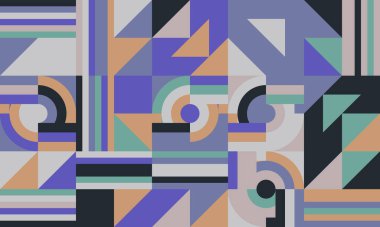 Basit şekiller ve parlak ve canlı renklerden oluşan soyut geometrik vektör deseni. Geometrik kompozisyon, web tasarımı için kullanışlı, kartvizit, davet, poster, tekstil baskısı, arkaplan.
