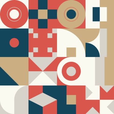 Renkli geometrik şekiller ve basit geometrik şekillerle yapılmış vektör soyut kompozisyon tasarımının yeni jeo çizimi, web arkaplanı, poster dokusu, kapaklar, ön sayfalar ve baskılar için kullanışlı.